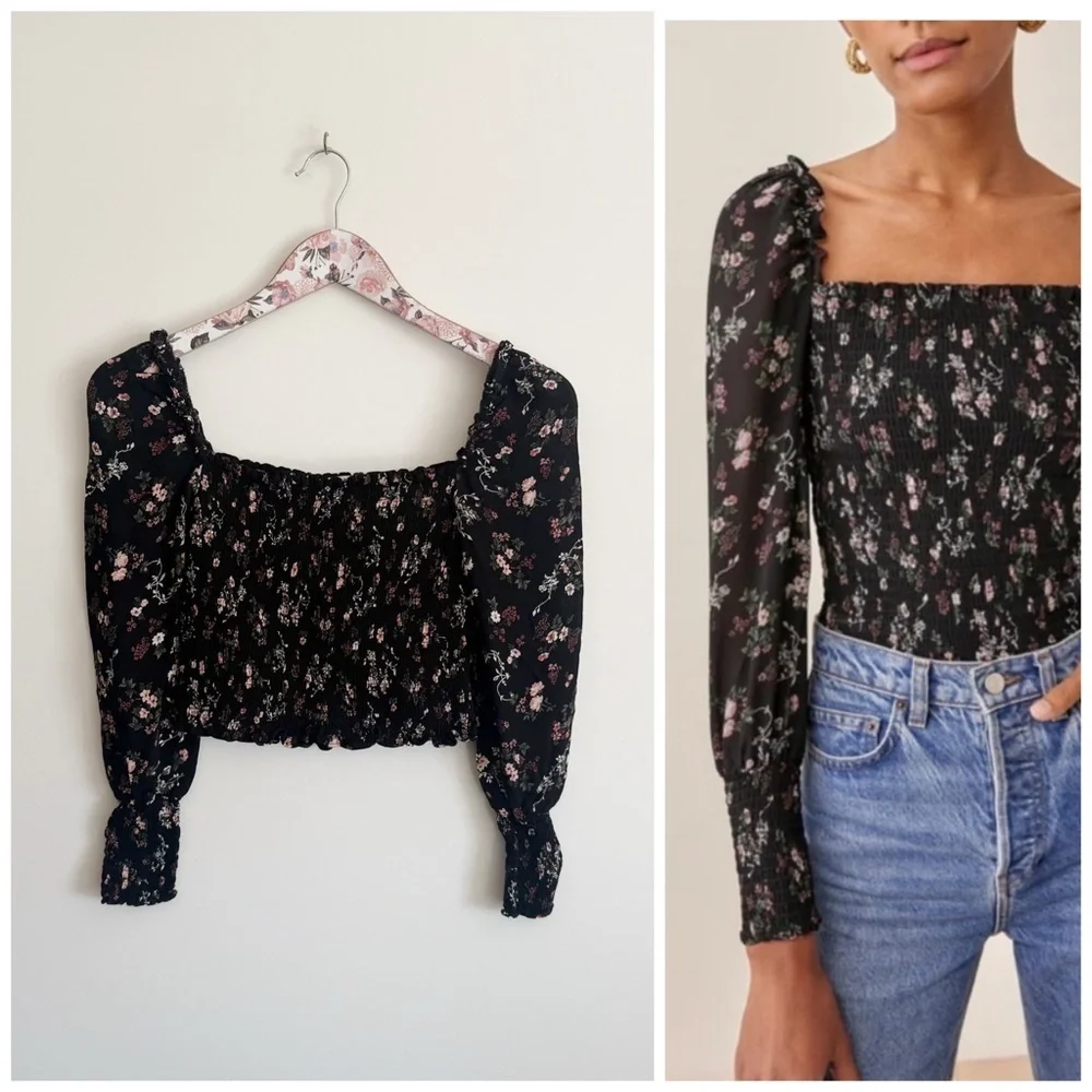 REFORMATION Jolene Smocked Long Sleeve Floral Top Pinto Black Floral XS
